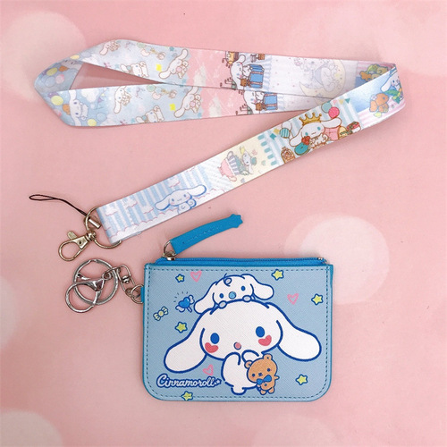 Cartoon jade cinnamon dog white dog PU card holder coin purse with keychain lanyard bus card access card ID holder