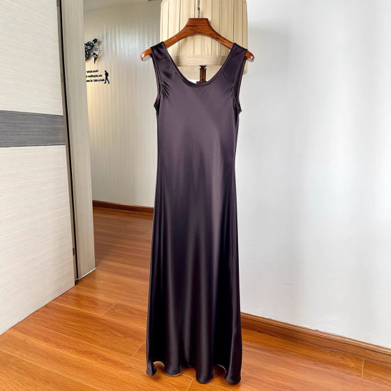 Elegant U-Neck Acetate Satin Viscose Dress Women's Long Dress Summer Slim-Fit Slim Look Sleeveless dress Draped