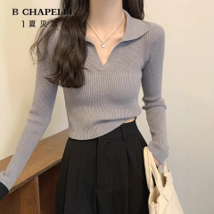 睛雅服饰灰色POLO领针织打底衫女夏季2025年新款纯欲修身短款上衣