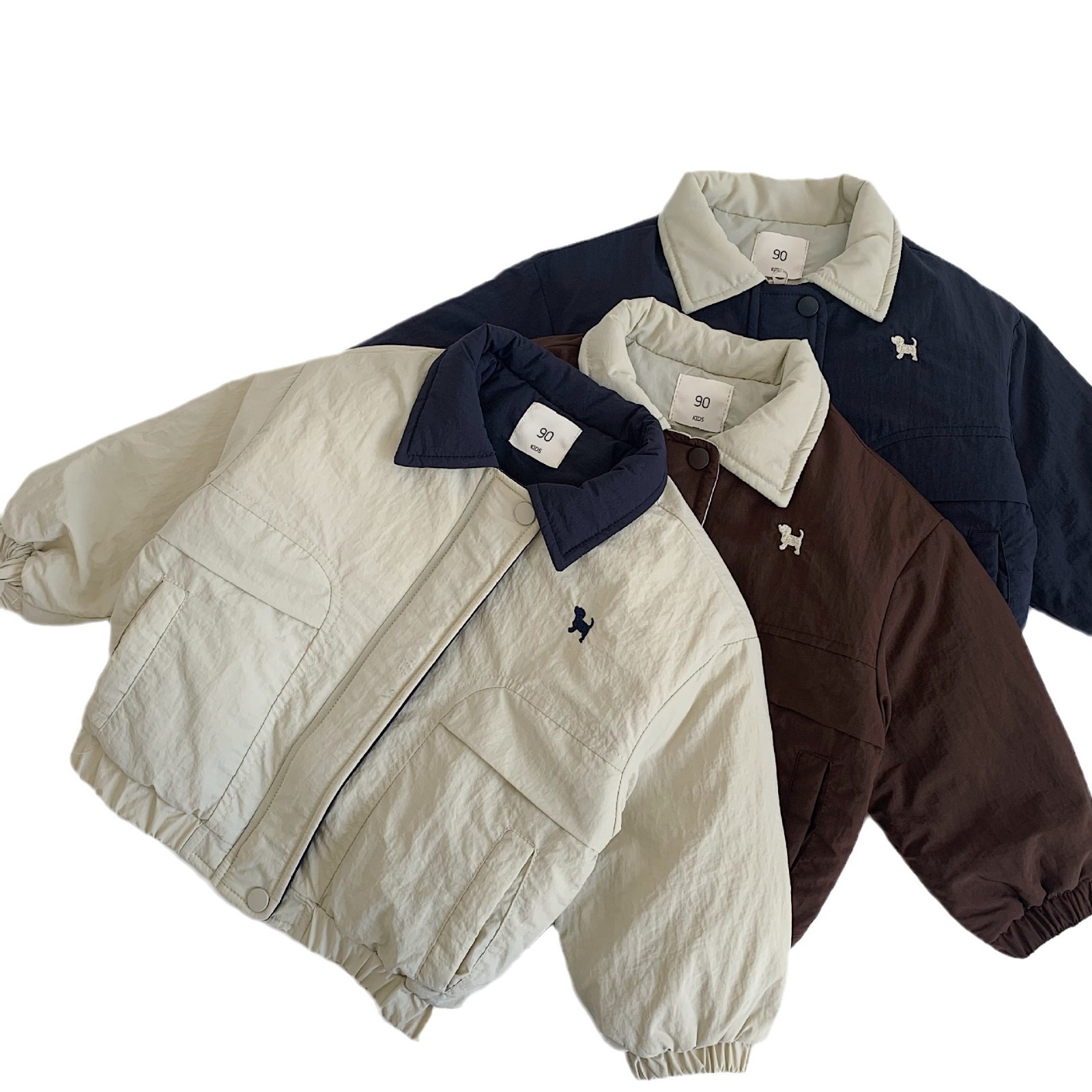 Mai Bao abrigo infantil de invierno 2024 nuevos productos para niños y niñas, chaqueta de algodón con collar de color contraste, chaqueta de algodón de caricatura para bebés