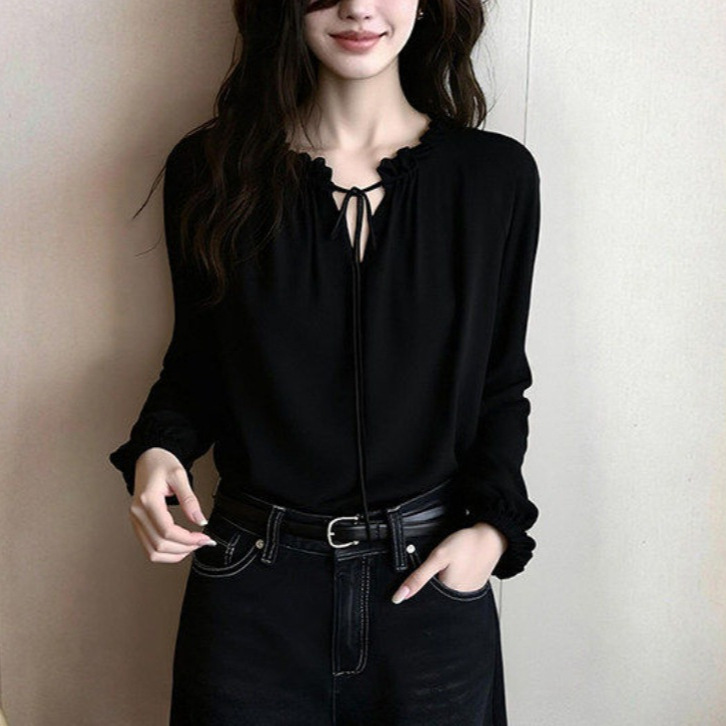 Black V-Neck Tie-Up Long-Sleeve Shirt for Women, 2026 New Spring Model, Suitable for Important Occasions, High-End Inner Wear Top Black V-Neck Tie-Up Long-Sleeve Shirt for Women, 2026 New Spring Model, Suitable for Important Occasions, High-End Inner Wear Top