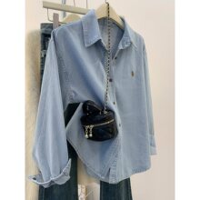 早秋春秋季长袖感内搭外穿衬衣外套百搭浅蓝色小清新衬衫女