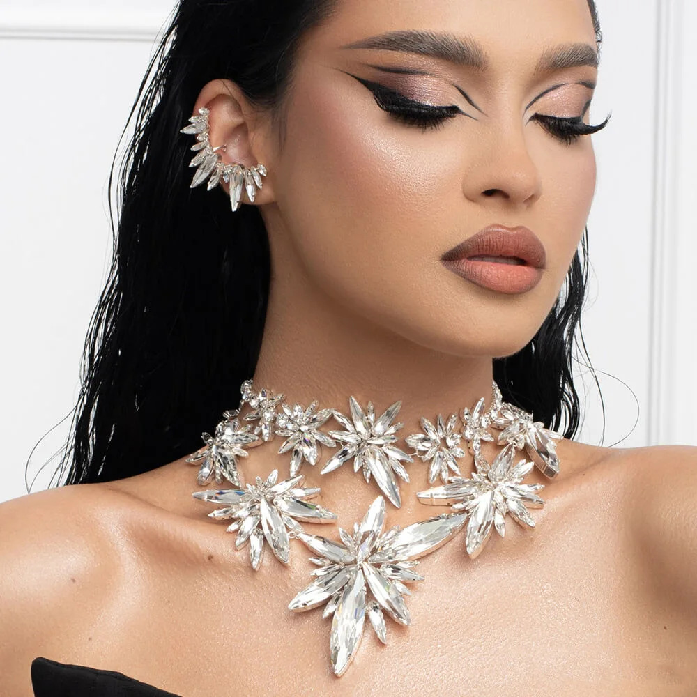 跨境熱銷幾何首飾套裝誇張水鑽耳骨夾個性項鍊配飾Jewelry Set