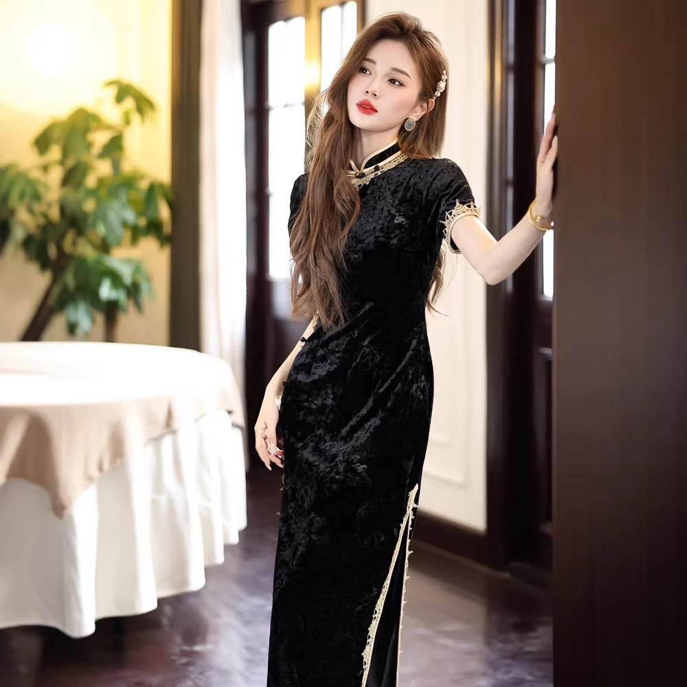 贝之韵黑色复古新中式改良短袖旗袍女2026春季新款大气日常年轻款