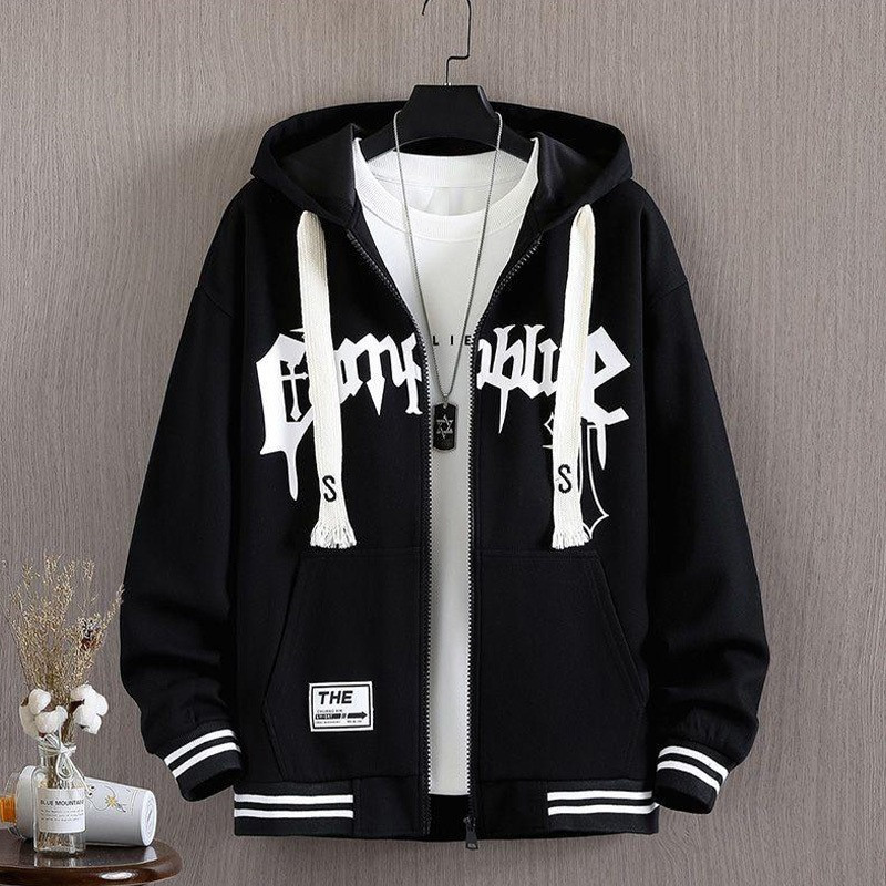 New cross-border men's autumn oversized plus-size trendy loose baseball jacket for chubby students with a hood.