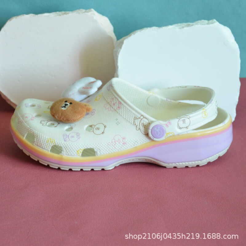 Brown Bear Parent-Child Croc Shoes Cross Cartoon Collaboration Children's Shoes Adult Beach Furry Doll Slippers