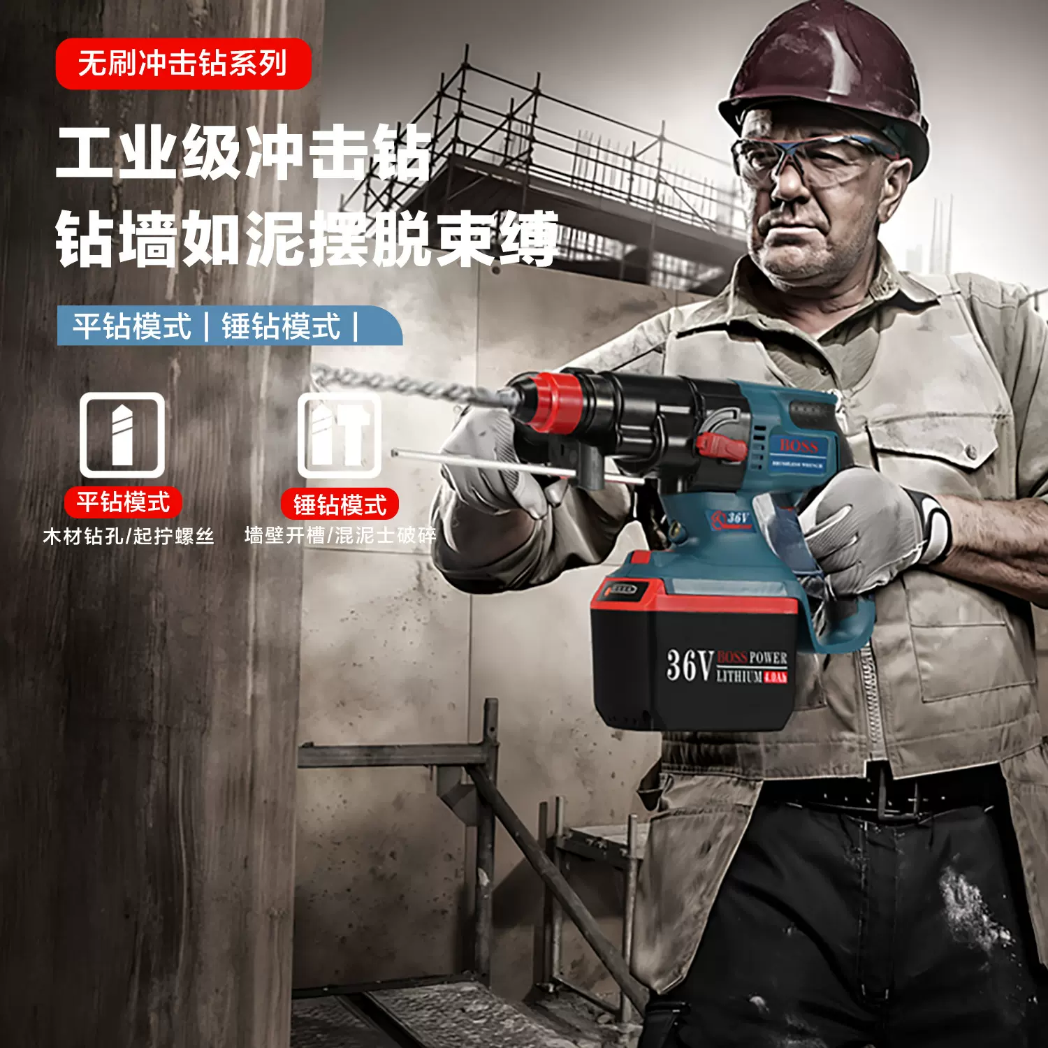 BOSS波士36V大功率无刷充电式锂电电锤电镐冲击钻混凝土工业电钻