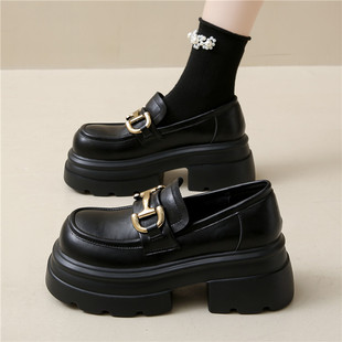 Small Size Platform Cake Bottom Small Leather Shoes Women's Spring and Autumn Single-layer Shoes Thick Sole Loafers Slip-on creamy-white High Heeled JK Women's Shoes