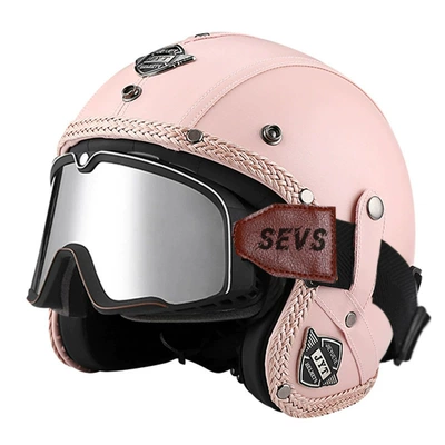 Motorcycle Safety Supplies — Certified Electric Motorcycle Retro Helmet - 555-leather-helmet-pink-large-frame-goggles-silver-mirror-s