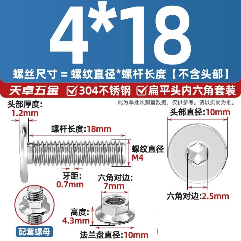 304不锈钢CM大平头超薄头C头扁平头内六角螺丝钉法兰边螺母套装M5|undefined
