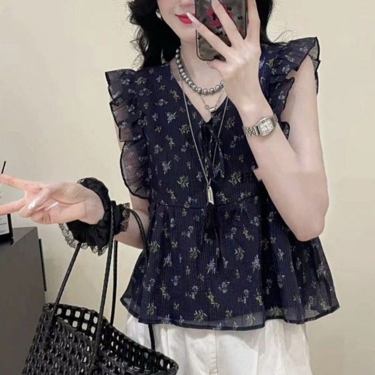 韩系边面料碎花小v领上衣t恤显瘦印花夏季蓝色其它毛领牛角袖其他|undefined