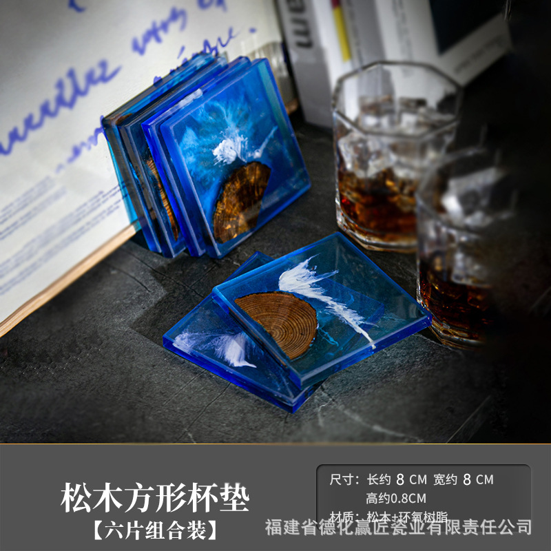 Cruz-frontera norte de pino epoxi resina río montaña azul estera de aislamiento olla teniendo madera maciza Zen onda titular de la taza