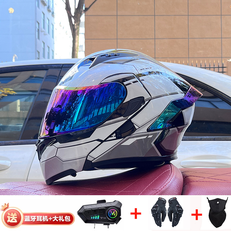 Casco de exposición Orz para hombres y mujeres invierno Doble espejo coche eléctrico semi-Casco completo cola de color coche deportivo ranura Bluetooth cuatro estaciones casco