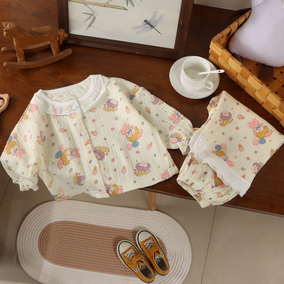 Children's Cotton Yarn 2025 Home Clothes Summer Children's Cotton Pajamas suit Cropped Sleeve Pants Sweat-absorbent Air-conditioning Clothes