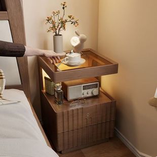 Solid Wood Bedside Table Simple Modern Household Bedroom Locker Small Bedside Storage Rack Simple Storage Cabinet with Lock