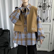 秋季工装夹克两件套潮男日系复古格子长袖衬衫无袖马甲嘻哈外套男