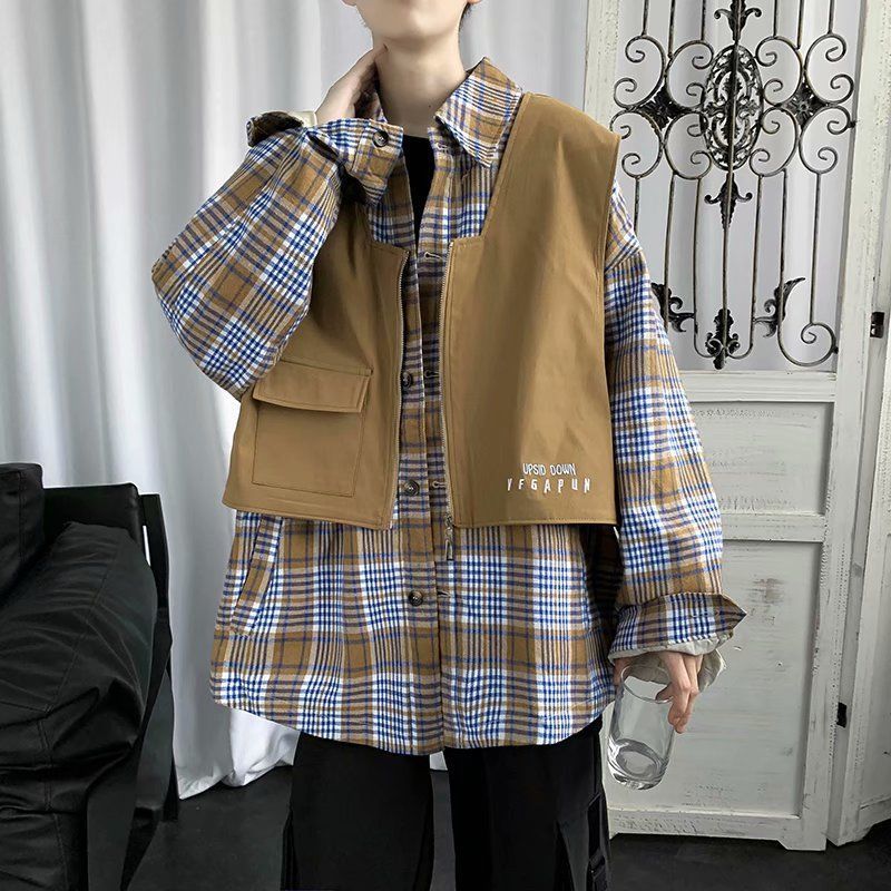 秋季工装夹克两件套潮男日系复古格子长袖衬衫无袖马甲嘻哈外套男