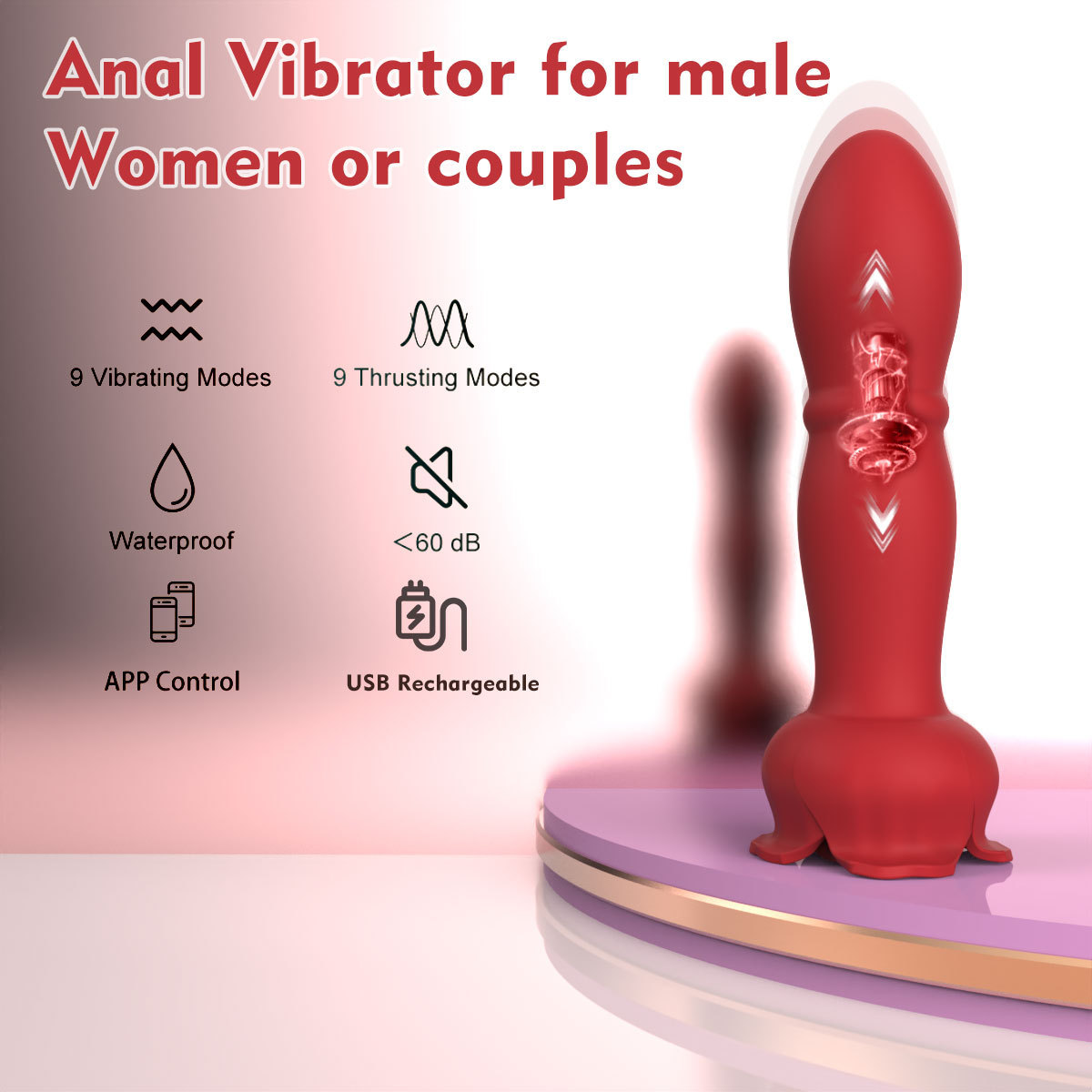 App Remote Control Telescopic Vibrating Anal Plug Prostate Massager, 9 Frequencies, Black Silicone — detail image 15