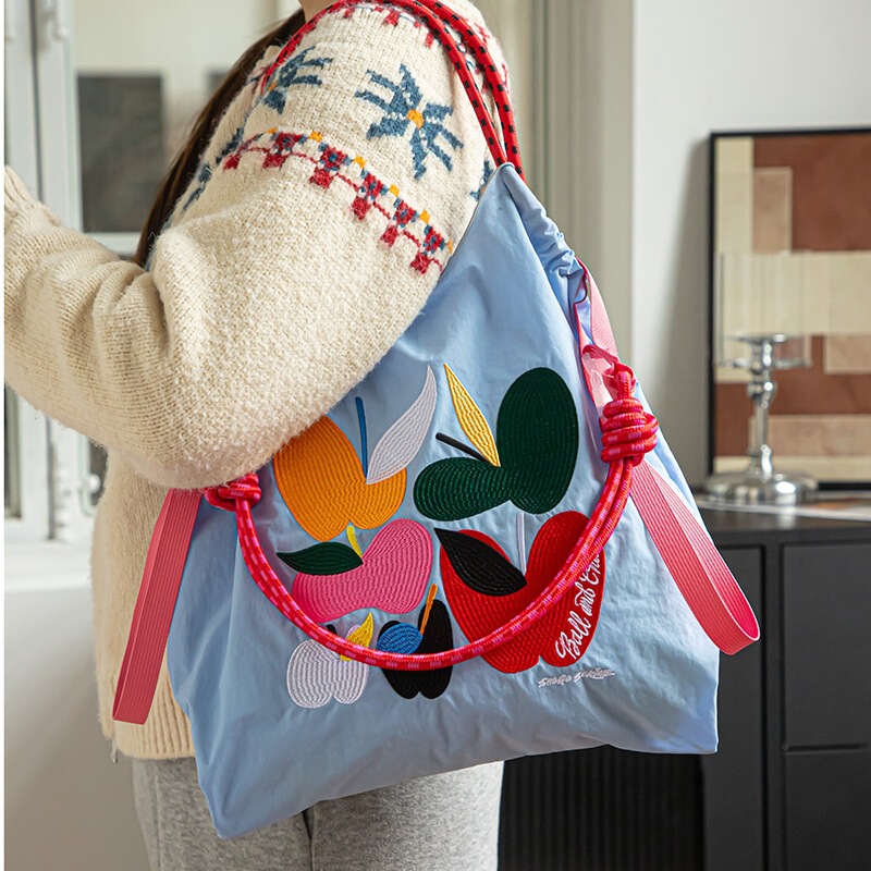 New Ballchain Apple Flower Embroidered Bag Japanese Eco-Friendly Shopping Bag Women's Handbag Shoulder Crossbody Bag