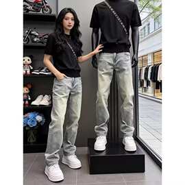 秋季新款弯刀裤百搭显瘦牛仔裤男士宽松时尚直筒裤水洗做旧阔腿裤