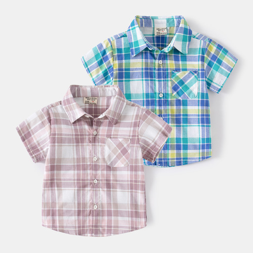 2023 new summer short-sleeved boys' tops soft plaid shirt French lanbean paste large plaid short-sleeved