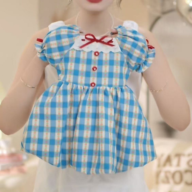 [Xianning Seven] Niñas 2025 verano nuevo estilo francés cintura todo fósforo capullo de muñeca cuello de muñeca vestido a cuadros