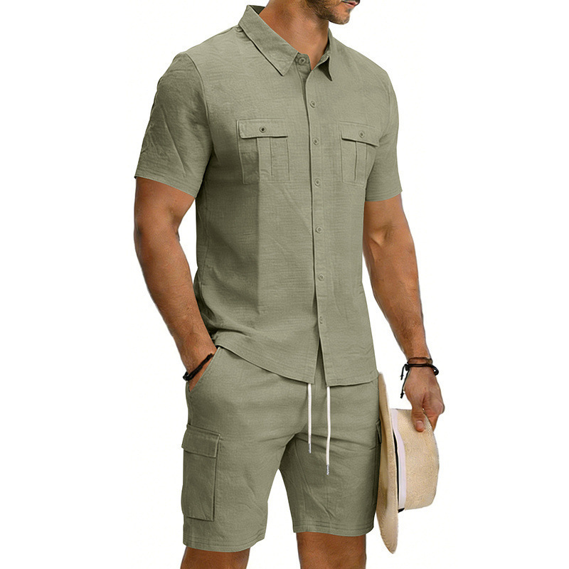 Men's Summer Linen Shirt And Work Shorts Set Casual Sports Outdoor Loose Fit Short Sleeved Collared Suit_viptrois.com