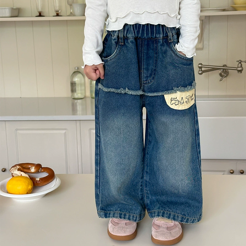 Оранжевые весенне-осенние детские штаны для девочек, свободные джинсы в корейском стиле, детские повседневные длинные штаны с героями мультфильмов, широкие брюки