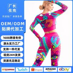 国境を越えた欧米ファッションプリント高弾運動長袖セットヒップアップランニングヨガ服フィットネススーツレオタード