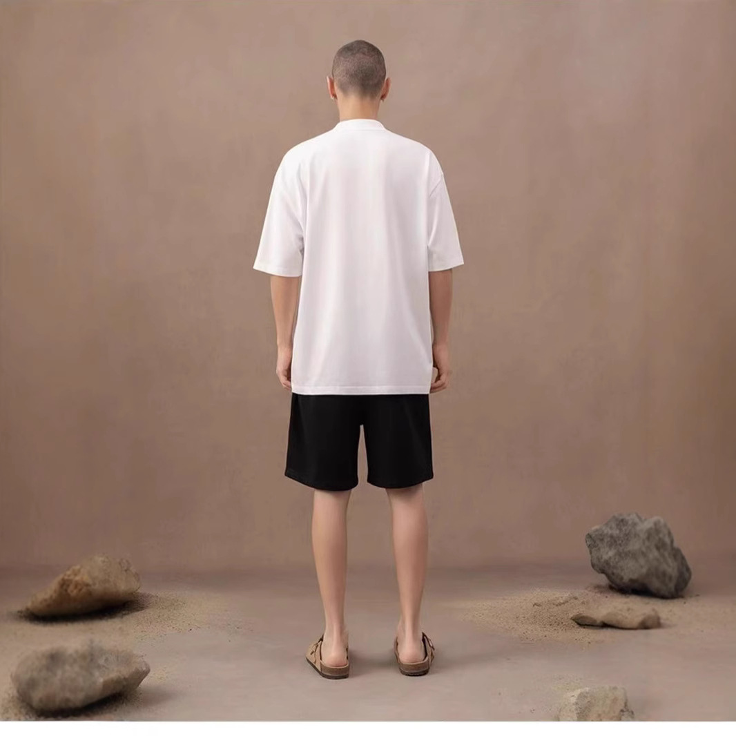 310g pesado cuello pequeño camiseta de cuello alto de manga corta europea y americana hombre de hombro caído casual pareja casual en la parte superior versátil