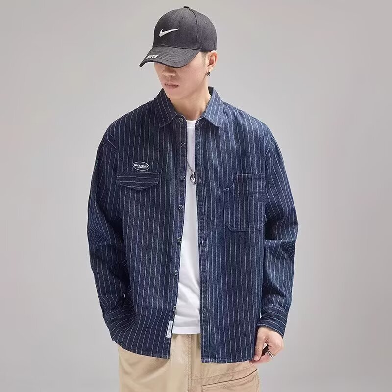 American Retro Design Striped Denim Shirt for Men, Long-Sleeved Autumn New Style Loose Workwear Shirt Jacket for Men Trendy American Retro Design Striped Denim Shirt for Men, Long-Sleeved Autumn New Style Loose Workwear Shirt Jacket for Men Trendy