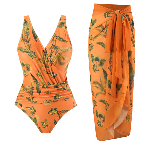 Qiao Jiayuan In Stock 2025 New Arrival European and American Style One-Piece Swimsuit for Women, Conservative Belly-Covering Chiffon Skirt Two-Piece Swimsuit Set