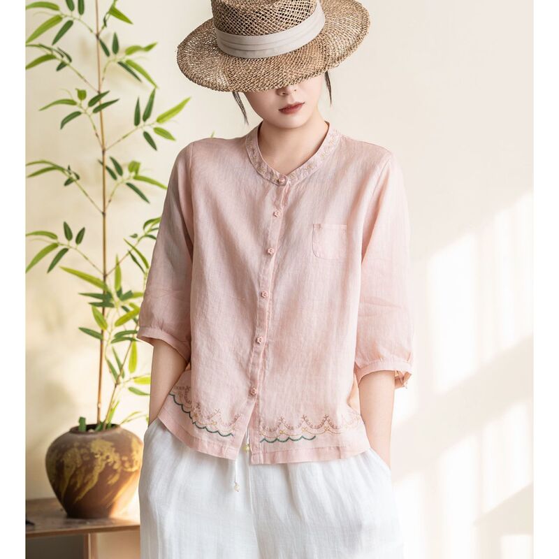 Artistic Cotton Embroidered Shirt for Women, New Summer Style, Loose Round Neck, Half-Sleeve, Thin Cardigan, Casual Blouse Top