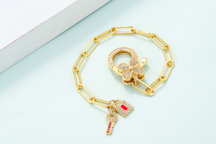 Korean Style Key Lock Four-leaf Clover Zircon Interlocking Hollow Chain Bracelet display picture 3