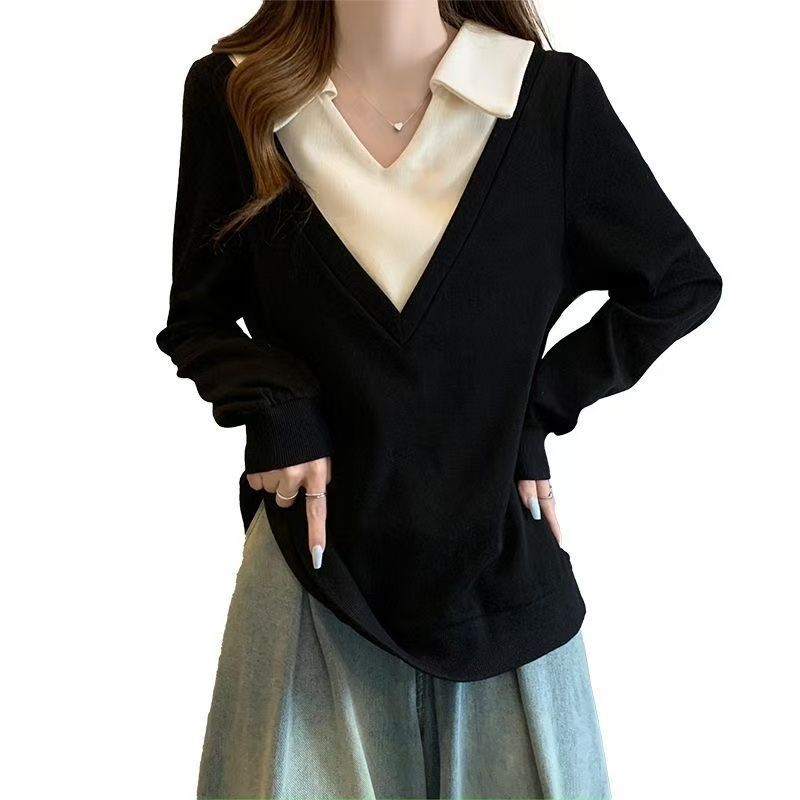 Plus Size Layered Polo Shirt – Slimming Long Sleeve Mock Two-Piece Top For Women (Green/Black, L-4XL, Up To 300lbs)_ecoleips.com