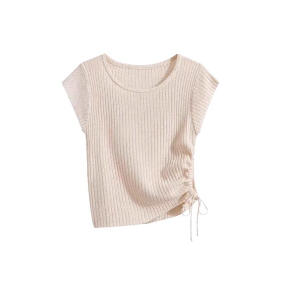 Hot! Irregular Drawstring Waisted Knitted Short-sleeved Women's 2025 Summer New Korean Style Slim-fit Slimming Top T