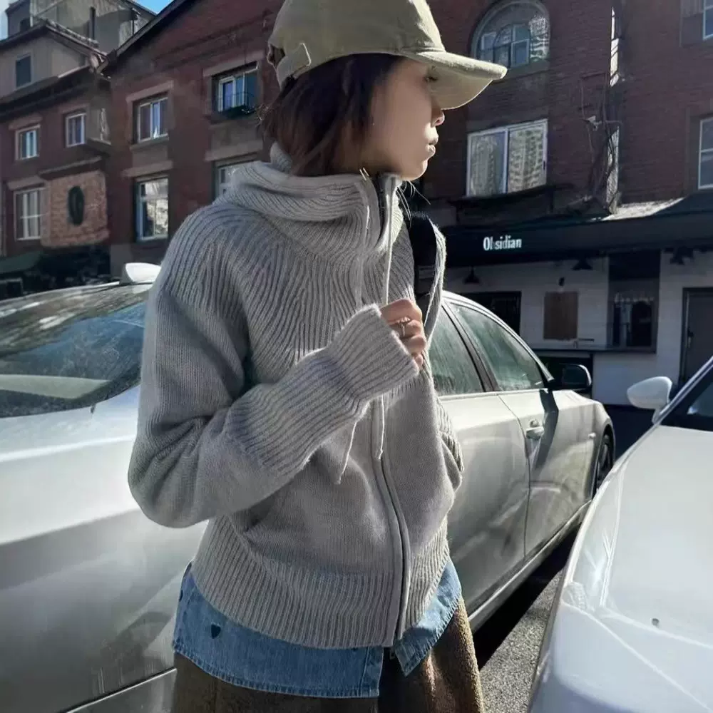 100%纯羊毛衫女秋冬拉链毛衣外套连帽宽松插肩针织衫打底叠穿上衣