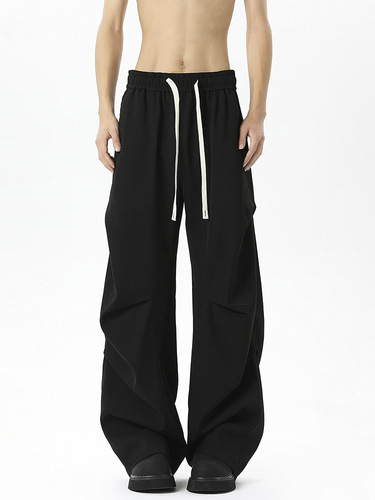 2025 Black Pleated Straight-Leg Wide Leg Men's Medium Waist Relaxed Tight Waist Pants American Streetwear Scissor Hem Pants