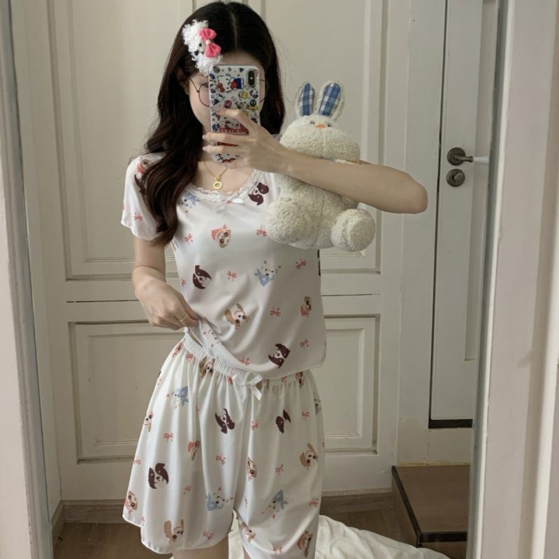 Pantalones cortos de manga corta con hilo de seda de hielo de verano al por mayor transfronterizo lindo encaje de dibujos animados coreanos ropa de hogar fresca pijamas mujeres