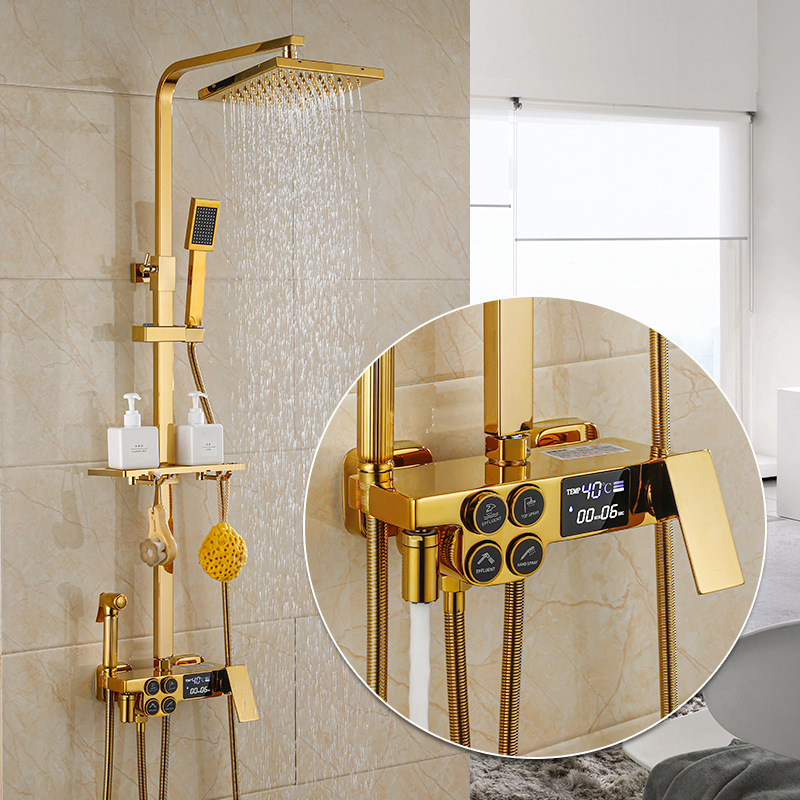 Decoración del hogar cobre dorado ducha de agua fría y caliente boquilla de refuerzo baño pantalla digital inteligente ducha de temperatura constante conjunto