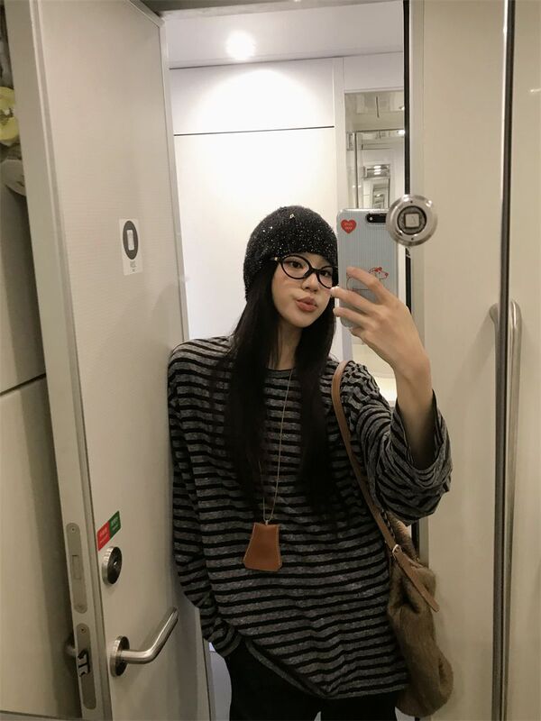 美式复古条纹长袖t恤女早秋季2025新款oversize松弛感慵懒风上衣|undefined