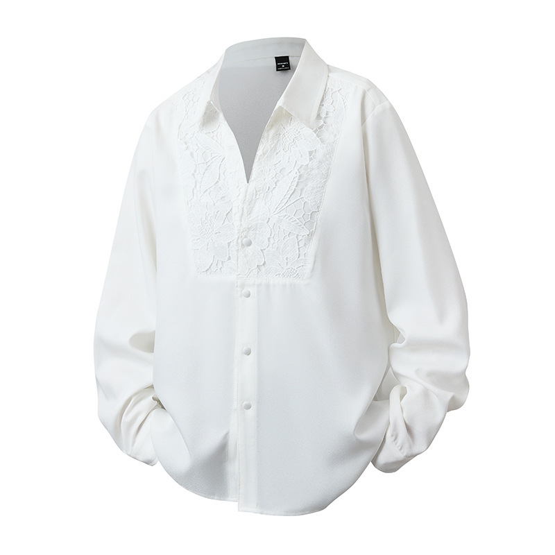 2026 Spring Men's White Shirt with Lace Splicing, Large Size Long Sleeve, Cross-Border Trade Men's Shirt, Premium Spring Collection 2026 Spring Men's White Shirt with Lace Splicing, Large Size Long Sleeve, Cross-Border Trade Men's Shirt, Premium Spring Collection