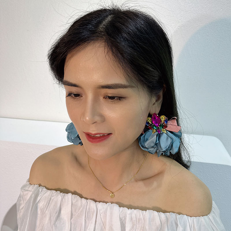 Artificial Gemstones Inlay Material Ear Studs Classification 1 Pair Original Design Flower Handmade Inlay Alloy Cloth Artificial Gemstones Ear Studs