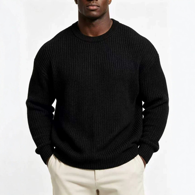 New European and American Amazon cross-border men's solid color long-sleeve round-neck fashion sweater, loose-fitting American retro knitwear