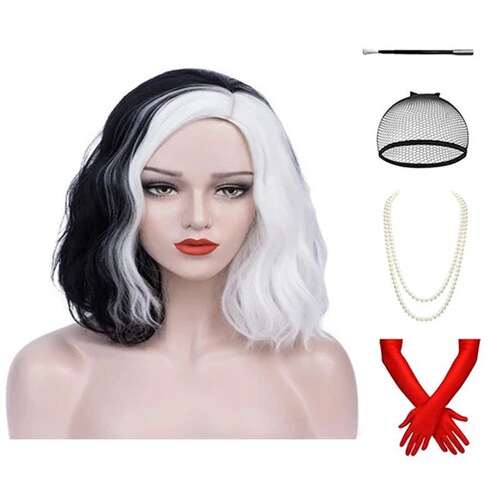 Cross-border supply of black and white yin and yang wigs, medium-length curly wigs, no bangs, wavy splice headers, Kuila wigs
