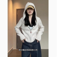 加厚麻花连帽毛衣开衫外套女2025秋冬新款修身收腰短款针织衫上衣