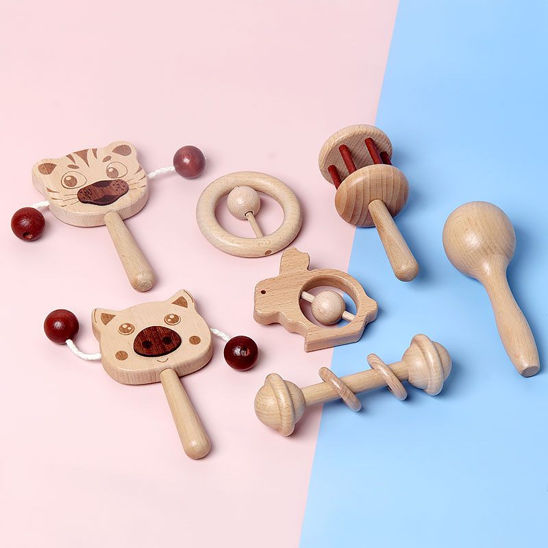 Bebé de agarre de madera traqueteo sonajero multi-pieza conjunto niños de madera educativo calmante juguete image 3