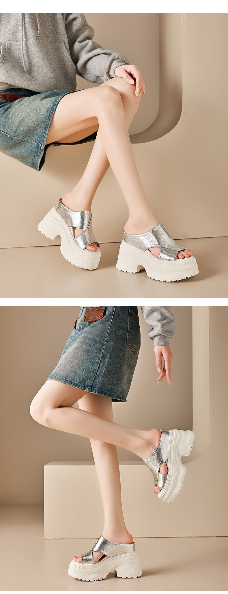 Dép sandal nữ quai ngang đế dày da thật tăng chiều cao — màu đen, màu trắng ngà, bạc chi tiết 11