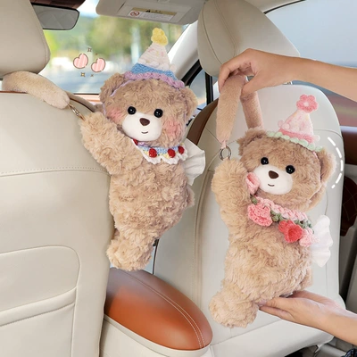 Car Tissue Box Hanging Bag Cute Bear Car Seat Back Hanging Type Creative Tissue Box Car Interior Decoration Supplies for Women