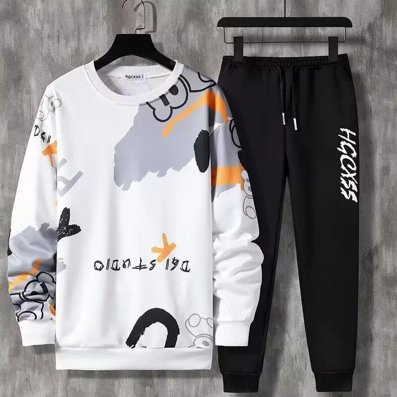 Молодежная студенческая мода мужская одежда весна и осень новая печать спорт и досуг набор из двух частей с длинными рукавами с круглым вырезом оптовая продажа